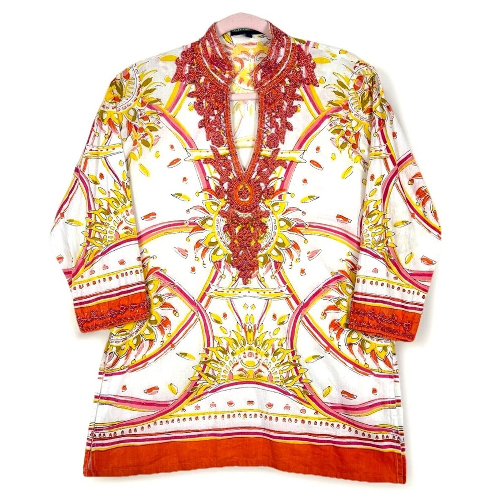 Bohochic Beaded Embellished Tunic  Top Women’s SZ L White Orange Ethnic Festival